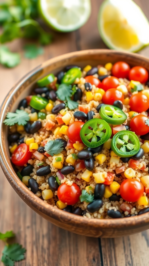 Colorful quinoa salad with jalapenos, tomatoes, black beans, and corn, garnished with cilantro on a rustic wooden table.